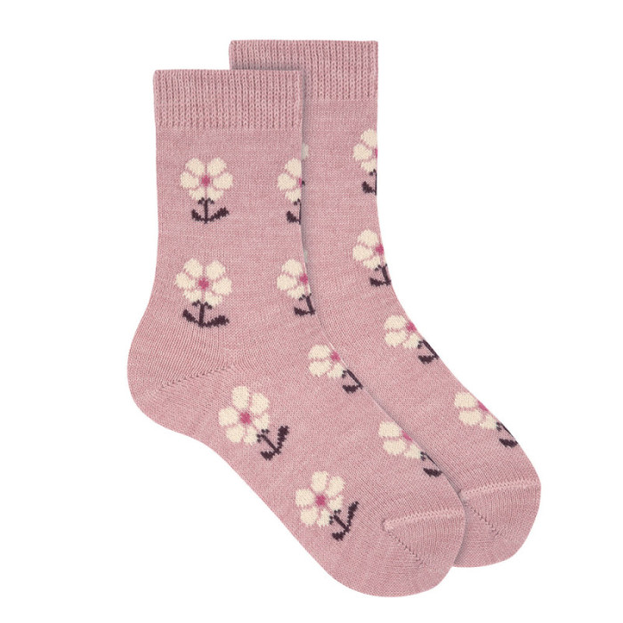 Calze misto lana merino con fiori retro