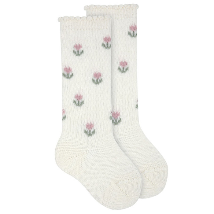 Calze lunghe misto lana merino con fiori